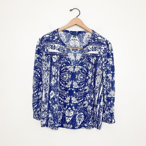 Lucky Brand Blue White Boho Print Tunic‎ Blouse XS - Picture 2 of 7